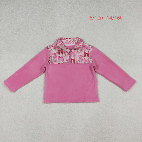 9.24 GT1149 Baby Girls Pink Bows Plaid Half Zipper Pullover Top