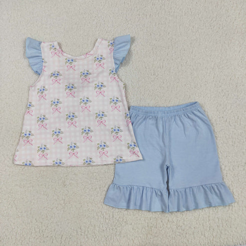 5.21 GSSO1577 Baby Girls Pink Checkered Bows Tunic Ruffle Shorts Clothes Set