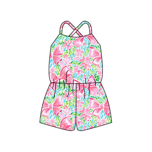 3.25 SR2966 Baby Girls Pink Strap Watercolor Floral Bows Jumpsuits Preorder