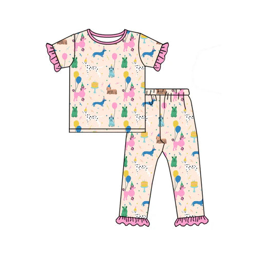 GSPO1867 Baby Girls Birthday Dogs Pink Top Pants Pajamas Clothes Sets Preorder