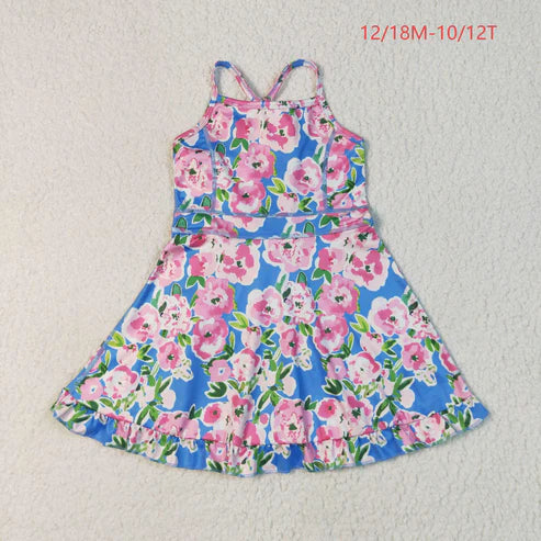 7.10 GSD2284 Baby Girls Blue Strap Colorful Floral Yoga Ruffle Knee Length Dress
