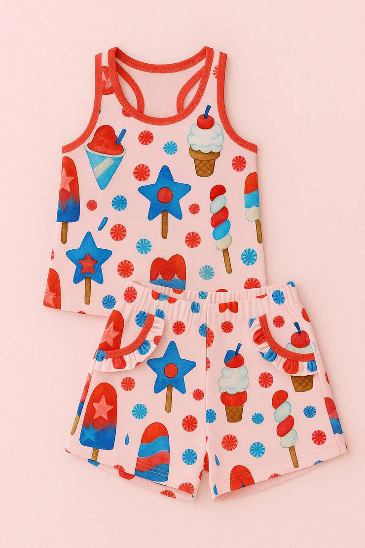 11.26 MOQ：5pcs GSSO2927 pre-order baby girl clothes ice cream print toddler girl 4th of July summer outfit