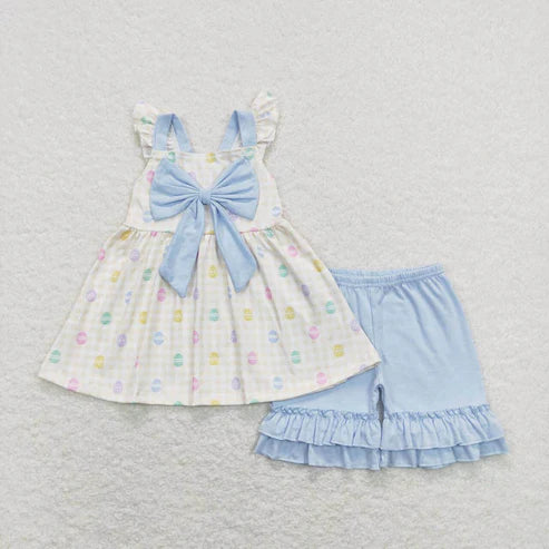 6.17 GSSO0420 Easter egg blue bow yellow and white plaid short-sleeved shorts