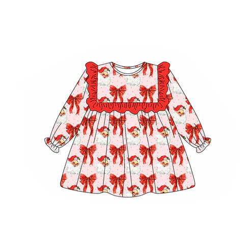 5.20 GLD1047 Baby Girls Long Ruffle Sleeves Red Santa Bows Knee Length Dresses Preorder