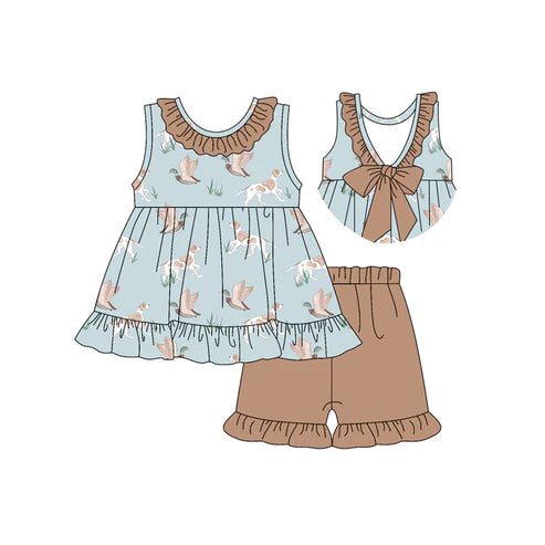 3.22 GSSO2385 Baby Girls Sleeveless Dogs Ducks Tunic Khaki Ruffle Short Set Preorder