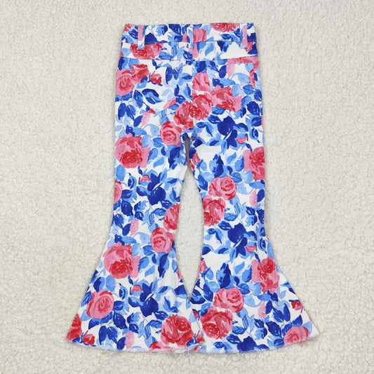 L-3.7 P0466 Pink flowers blue leaves White denim pants