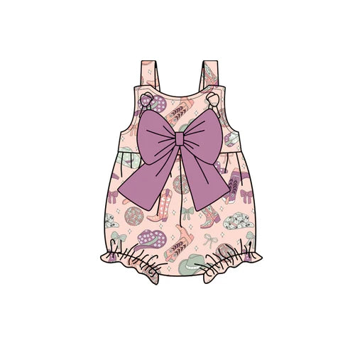 SR2897 Baby Infant Girls Pink Strap Hats Boots Purple Bow Top Ruffle Rompers Preorder