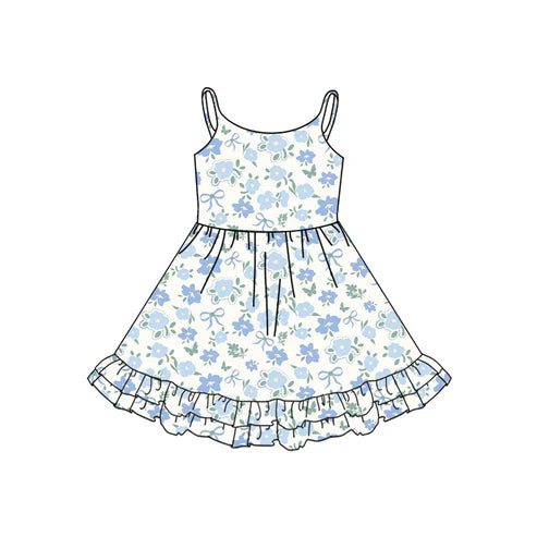 4.12 GSD2377 Baby Girls Blue Strap Floral Knee Length Dresses Preorder