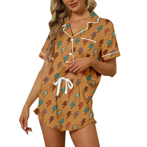 5.16 Preorder Moq 3 Adult Women Western Lightening Button Pocket Top Short Pajamas