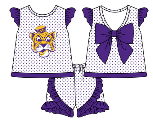 5.15 Girls team custom purple polka dot Tiger flying sleeve short sleeve shorts set