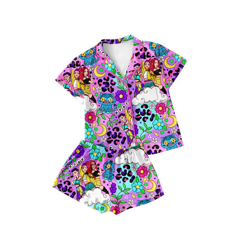 10.23 GSSO2754 Baby Girls Leopard Cartoon Girls Button Pocket Top Shorts Pajamas Sets Preorder