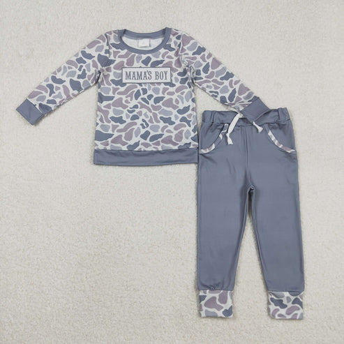11.18 BLP1335 Embroidery Baby Boys Grey Camo Mama's Boy Top Pockets Jogger Pants Clothes Set