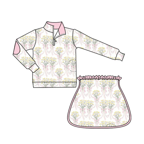 6.14  GLD1078 Baby Girls Long Sleeves Light Pink Bows Floral Plaid Zipper Top Skirts Set Preorder