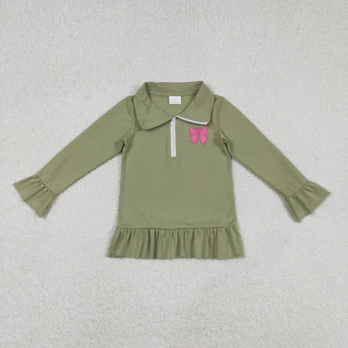 11.27  GT1272 Embroidery Baby Girls Long Ruffle Sleeve Bows Zipper Valentine Pullovers Top