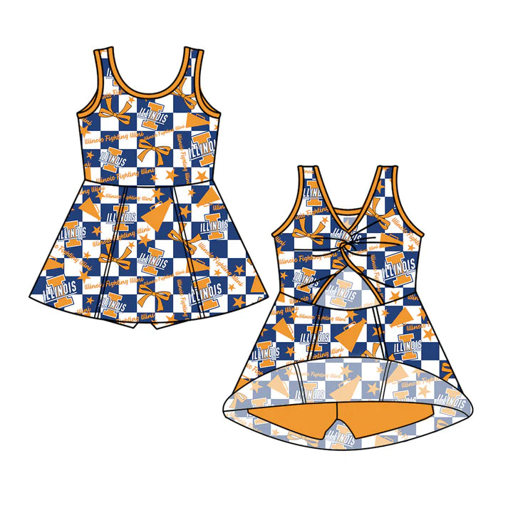 7.8 Custom Moq 3 Baby Girls Sleeveless lllinois Plaid Bows ﻿Plaid Shorts Team Knee Length Dresses