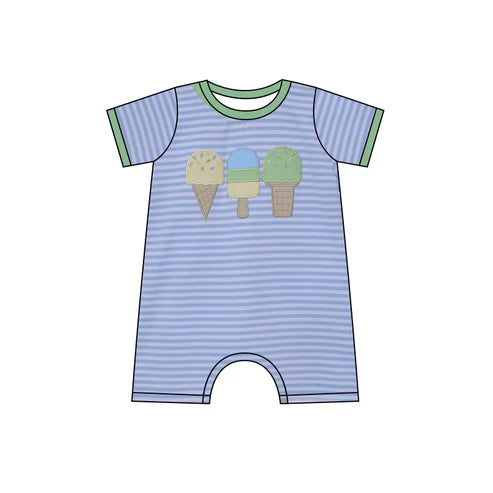 3.19 SR2908 Baby Infant Boys Blue Stripe Short Sleeves Ice Cream Rompers Preorder
