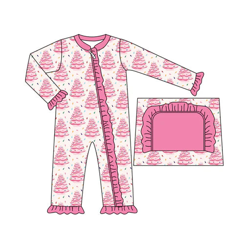 7.26 LR2475 Baby Girls Long Sleeves Pink Christmas Trees Plaid Ruffle Zipper Pant Rompers Preorder