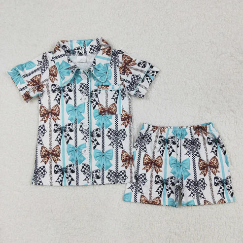 GSSO1858 Baby Girls Western Bows Stripes Buttons Shirts Shorts Pajamas Clothes Set