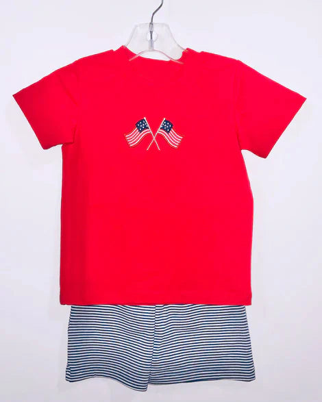3.20 BSSO1403 Baby Boys Red Short Sleeves Flag Shirt Black Stripe Shorts 4th Of July Sets preorder