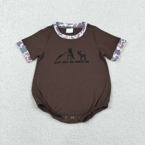 11.12 SR3280 Embroidery Jesus Love Me Deer Baby Boys Hunting Romper