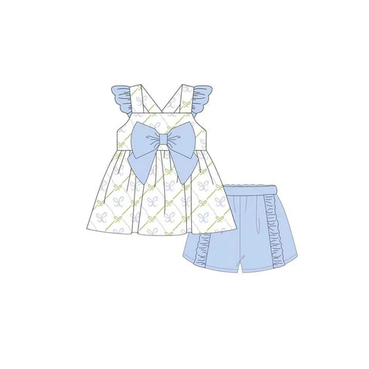 L-3.4 GSSO2109 Baby Girls Blue Bows Tunic Ruffle Shorts Clothes Sets Preorder