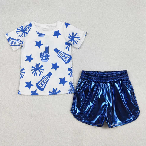 L-3.8 GT0941+SS0409 Baby Girls Cheer Blue Team Tops Leather Shorts Clothes Set