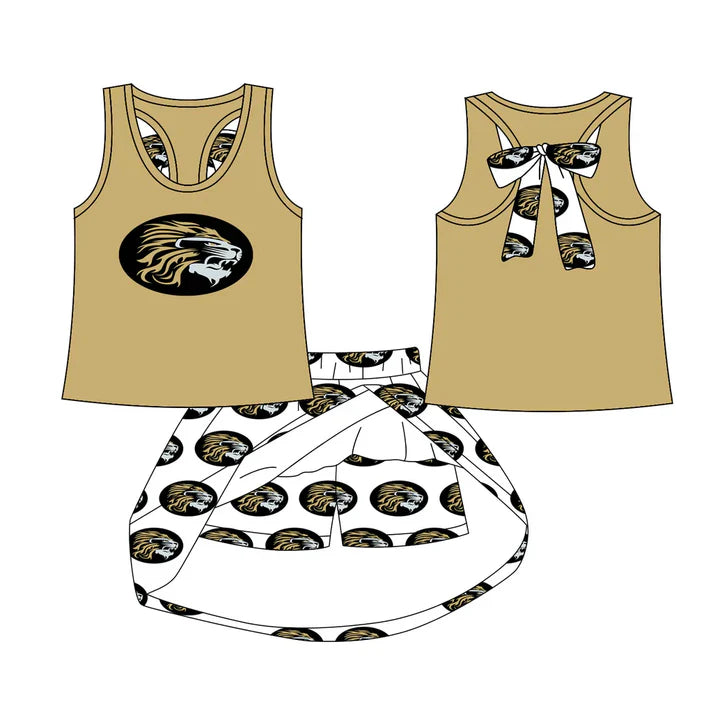 8.19 Custom Moq 5 Baby Girls Kaufman Lion bow vest team Top Skirt Skort Sets
