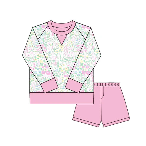 10.18  GLS0031 Baby Girls Pink Green Floral Long Sleeve Top Shorts Yoga Clothes Sets Preorder