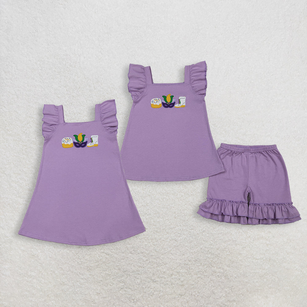 Sibling Baby Girls clothes embroidery mardi gras short sleeve shorts Clothes Sets and Dresses