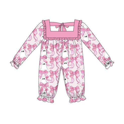 5.20 LR2229 Baby Girls Long Ruffle Sleeves Pink Bows Ghosts Pant Rompers Preorder