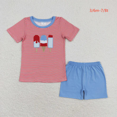 BSSO0576 4th of July Embroidered ice cream ice cream red striped short sleeve blue shorts suit