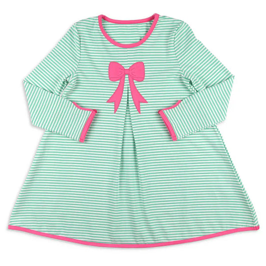 9.27 GLD1342 Baby Girls Aqua Stripes Bow Top Knee Length Dresses Preorder