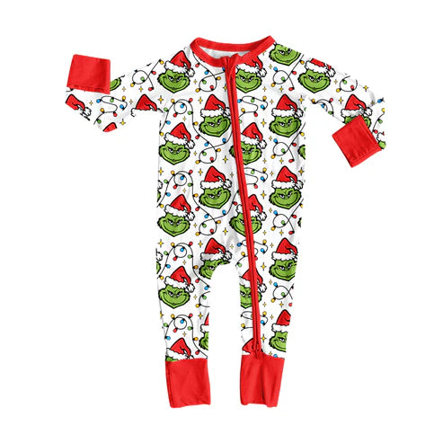 8.18 LR2574 Baby Boys Christmas Lights Green Face Plaid Zipper Footie Rompers Preorder