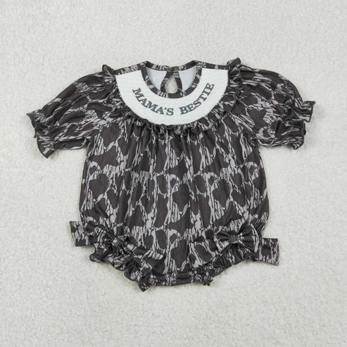 11.12 LR2727 Embroidery Baby Girls Gray Camo Mamas Bestie Bows Western Ruffle Romper