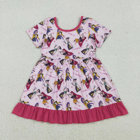 12.8 GSD2917 Baby Girls Short Sleeve Cartoon Girls Ruffle Knee Length Dress