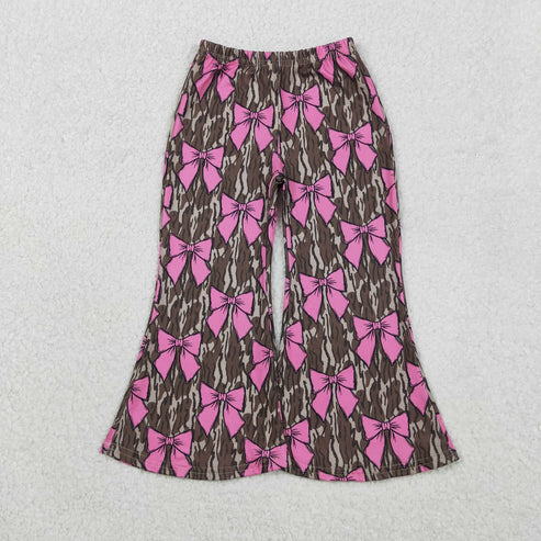 11.5 P0896 Baby Girls Olive Camo Pink Bows Plaid Valentine Bell Bottom Pants