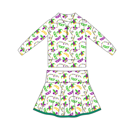 10.28 GLD1396 Baby Girls Mardigras Anchors Masks Zipper Pullovers Skorts Yoga Clothes Sets Preorder