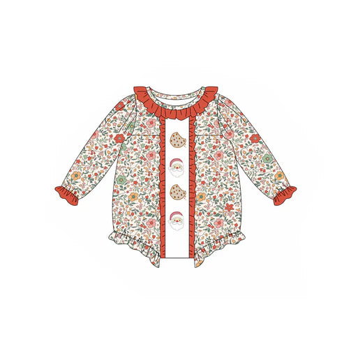 5.19 LR2232 Ruffle Baby Girls Long Sleeves Orange Floral Santa Cakes Ruffle Rompers Preorder