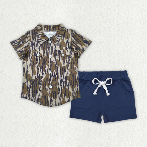 4.19 BT1201+SS0136 Baby Boys Bottomland Camo Button Pockets Shirts Top Navy Cotton Shorts Sets