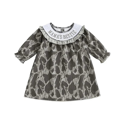 10.20 GLD1372 Baby Girls Mama's Bestie Leaves Camo Collar Knee Length Dresses Preorder
