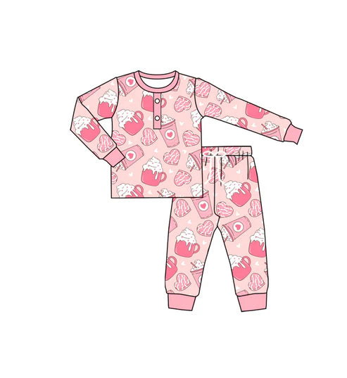 GLP2286 Baby Girls Valentines Heart Cups Shirt Pants Pajamas Clothes Sets Preorder