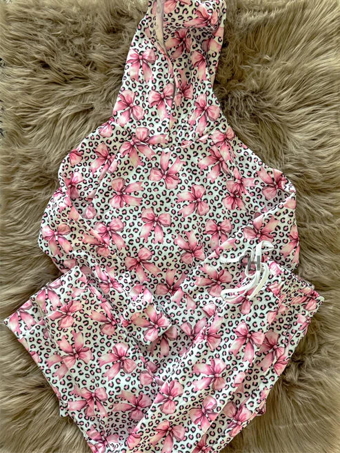 9.19 GLP2854 Baby Girls Pink Bows Leopard Hoodies Pockets Pants Clothes Sets Preorder