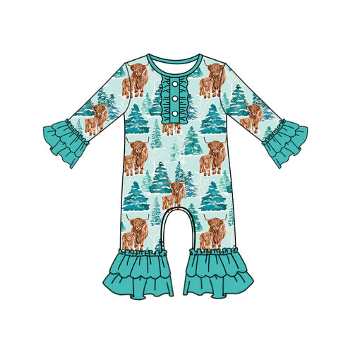 6.27 LR2363 Baby Girls Long Ruffle Sleeves Button Highland Cows Trees Pant Rompers Preorder