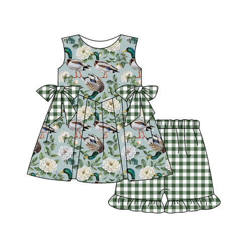 3.22 GSSO2393 Baby Girls Green Sleeveless Floral Ducks Bows Tunic Plaid Ruffle Shorts Set Preorder
