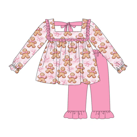 5.19  GLP2363 Baby Girls Long Sleeves Pink Bows Gingerbread Tunic Ruffle Pant Set Preorder