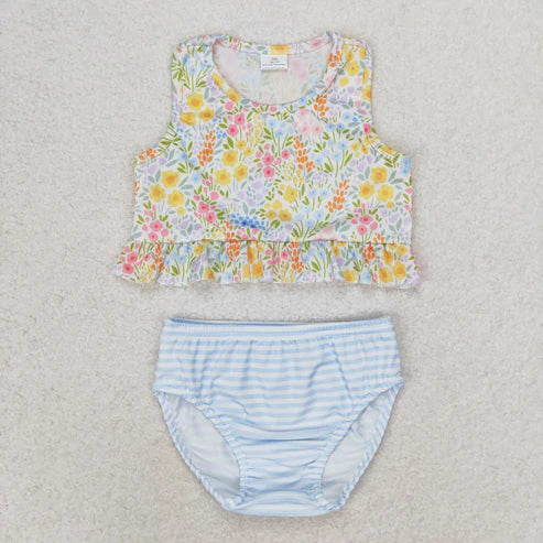 S0414 Floral floral blue striped swimsuit