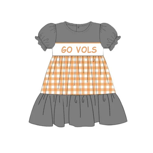 5.16  Preorder Moq 3 Baby Girls Gray Short Ruffle Sleeves Go Vols Plaid Print Knee Length Dresses