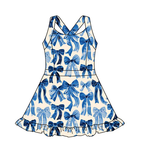 5.23 GSD2566 Baby Girls Strap Hot Blue Bows Activity Wear Yoga Knee Length Dresses Preorder