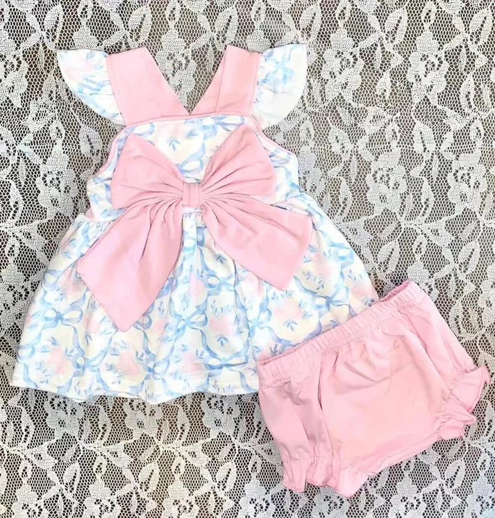 3.23 GBO0473 Baby Girls Flutter Sleeves Floral Bows Tunic Pink Bummies Clothes Set Preorder