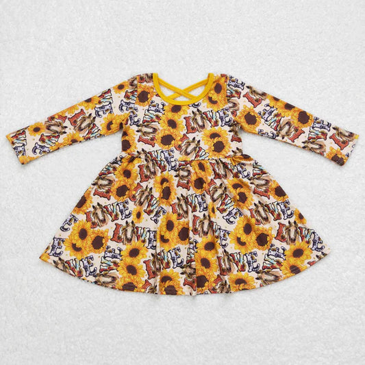 GLD0393 Baby Girls Western Horse Sunflower Knee Length Dress